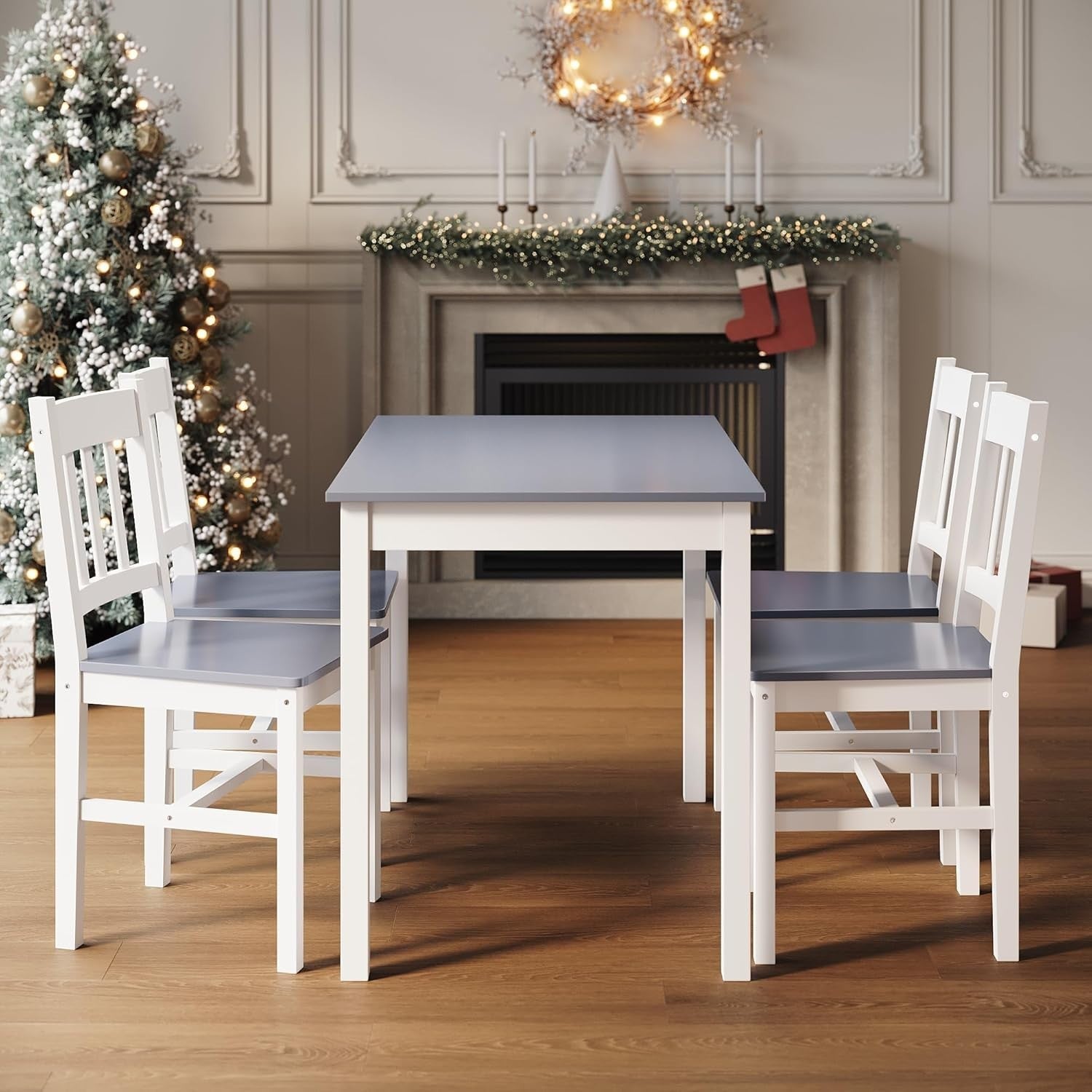 Solid Pine Wood Rectangular Dining Table & 4 Chairs Set - Grey Kitchen