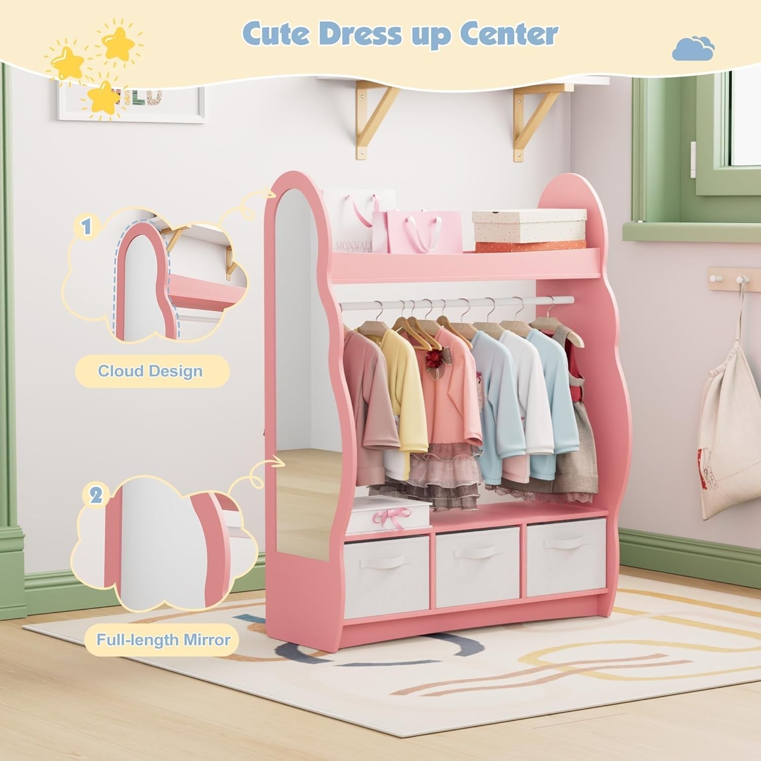 Kids Wardrobe with Mirror, 3 Drawers & Hanging Rail, Pink Cloud Design