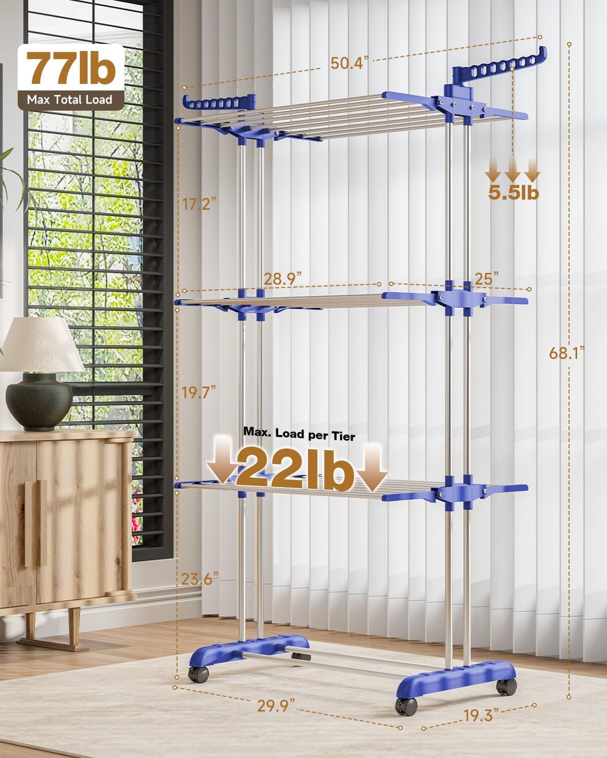 4 Tier Clothes Airer Folding Laundry Drying Rack With Wheels Stainless Steel