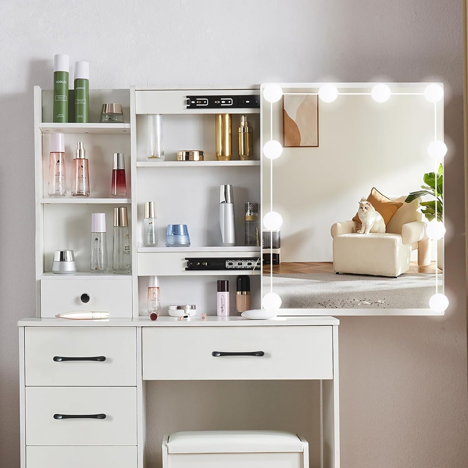 White Modern Vanity Makeup Desk Set LED Mirror Dressing Table 6 Drawers Storage