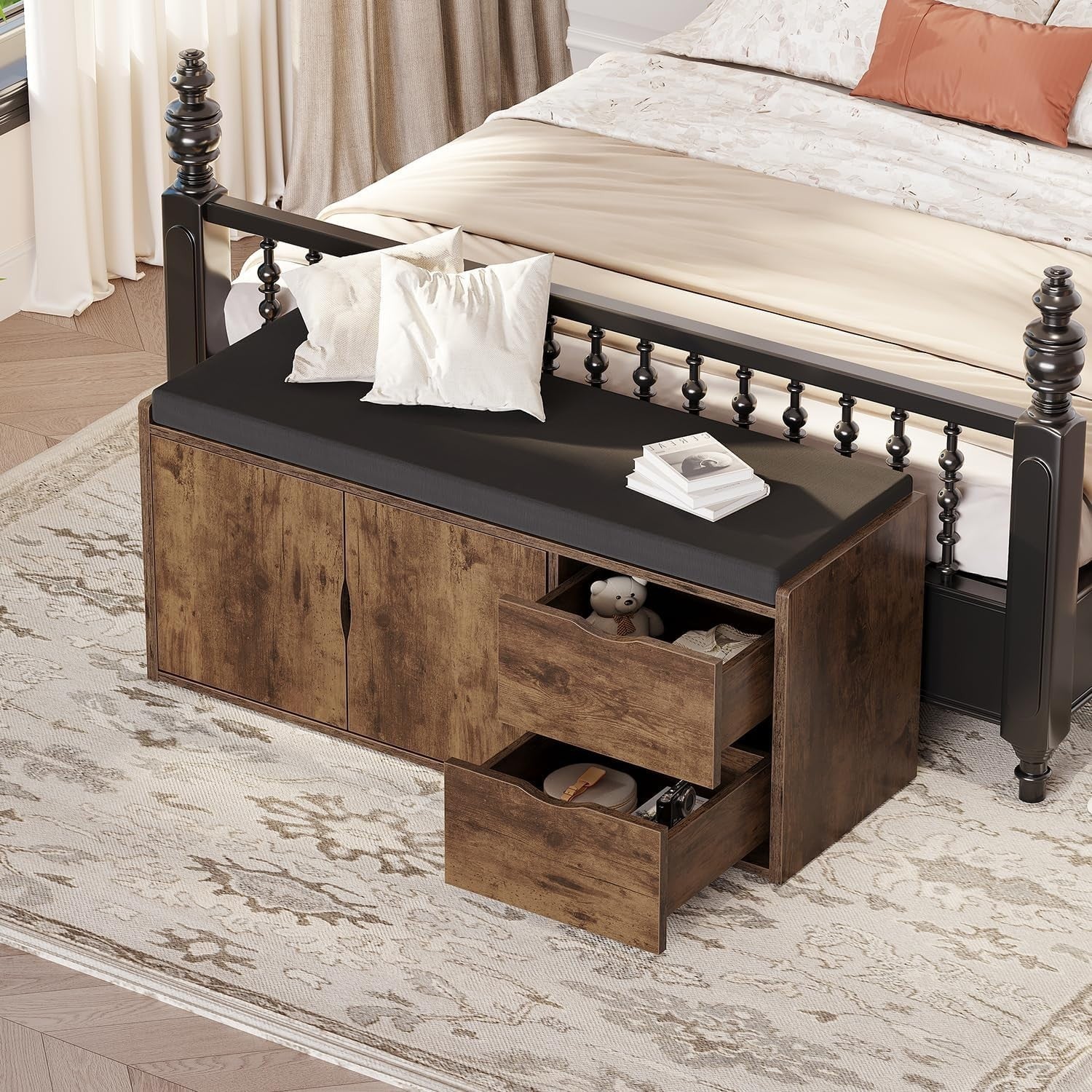 Rustic Brown Shoe Bench with Drawers & Cushion Industrial Storage 101x34x45cm