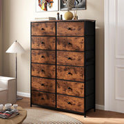 Tall 12 Drawer Chest Rustic Brown Fabric Storage Unit Metal Wood Frame
