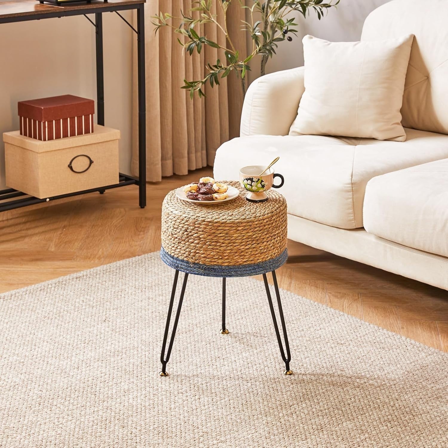 Natural & Blue Seagrass Footstool Round Pastoral Woven Stool 32×32×45cm