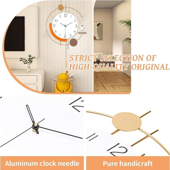 Modern Large Wall Clock 19in Silent Non-Ticking Gold Pendulum Clock Decor