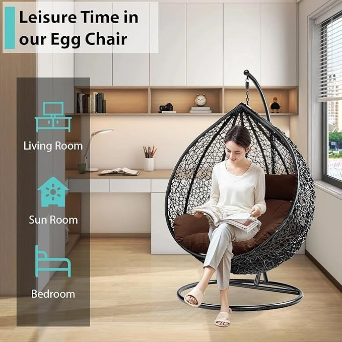 Outdoor Hanging Egg Chair Rattan Swing Seat with Cushion & Steel Frame Garden