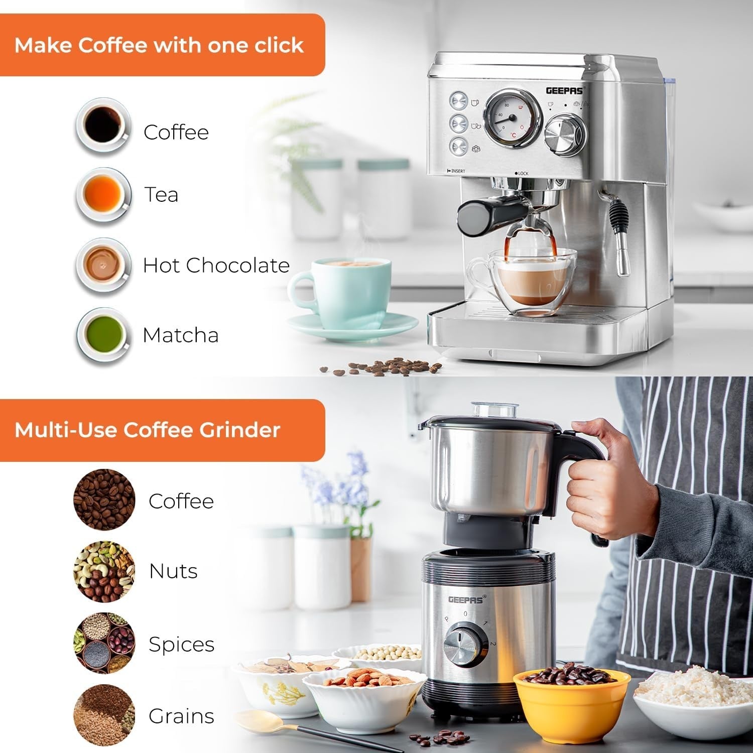 1140W Espresso Machine & 450W Grinder Set | 15-Bar Pressure | Milk Frother