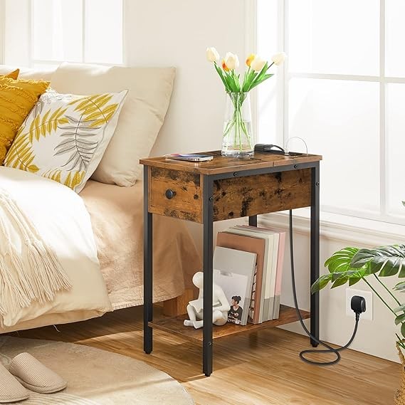 Slim Bedside Table with Charging Ports, Flip Top Storage, Rustic Narrow Side Tab