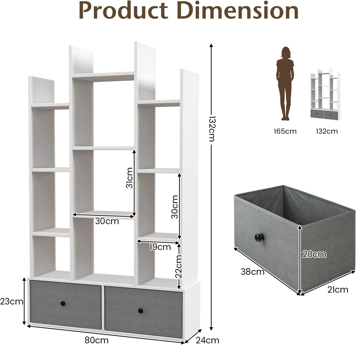 White Tree-Shaped Tall Bookcase 12 Cube Storage Shelf with 2 Drawers 80×24×132cm