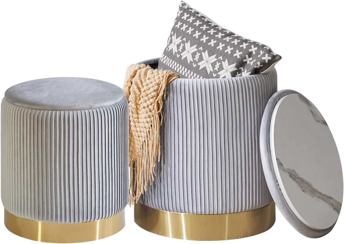 Set of 2 Gray Storage Ottomans – Round Boucle Velvet Stools with Lids