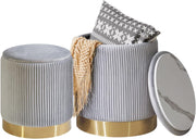 Set of 2 Gray Storage Ottomans – Round Boucle Velvet Stools with Lids