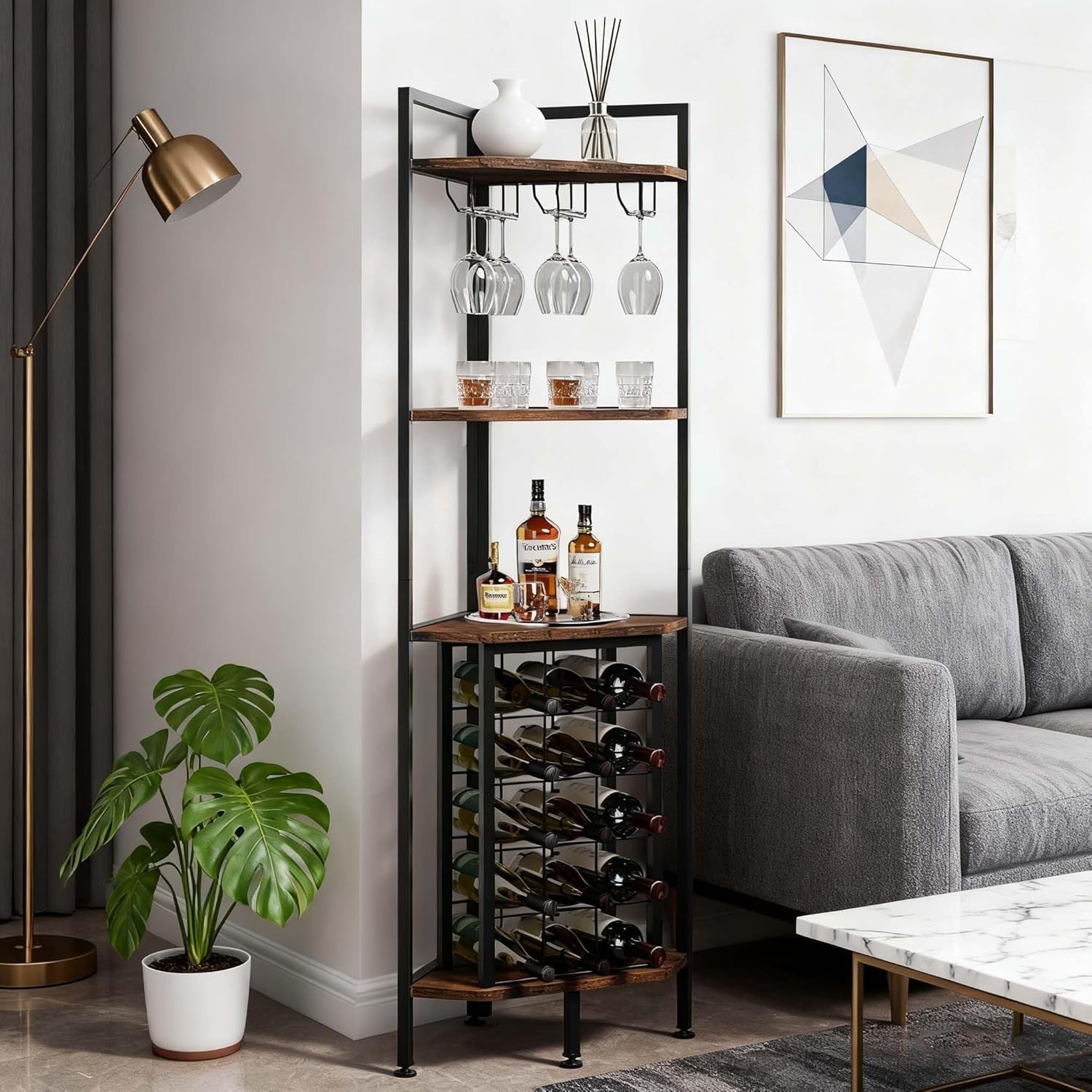 Tall Corner Wine Rack Shelf with 15 Bottle Holder & Glass Hanger Industrial
