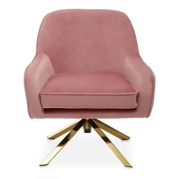 Pink Velvet Accent Chair with Gold Cross Base Swivel Armchair Seat