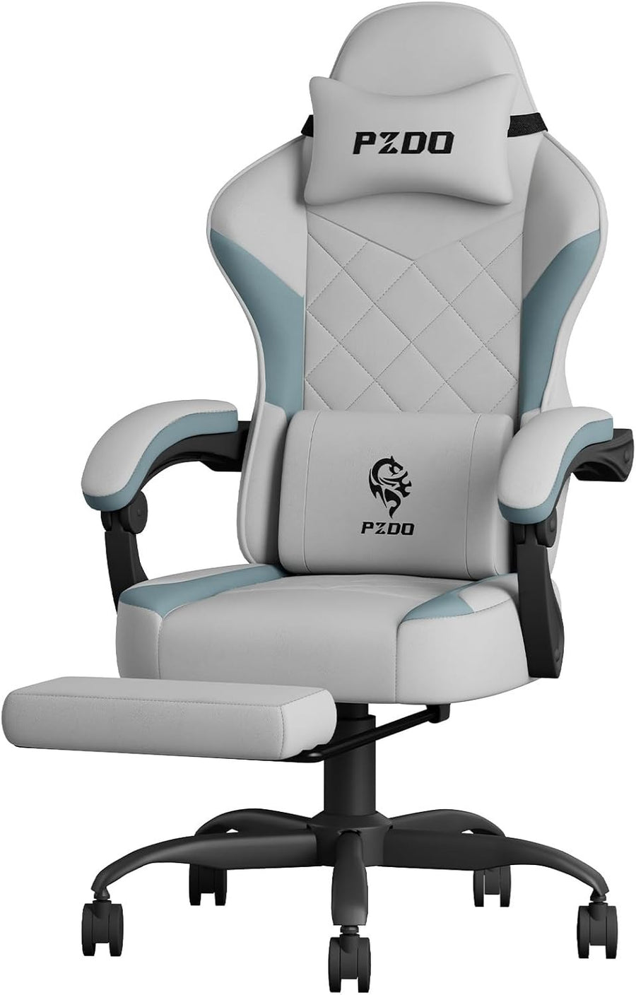 Grey Gaming Chair, Office Computer Seat, Adjustable Recline, Memory Foam, Footre