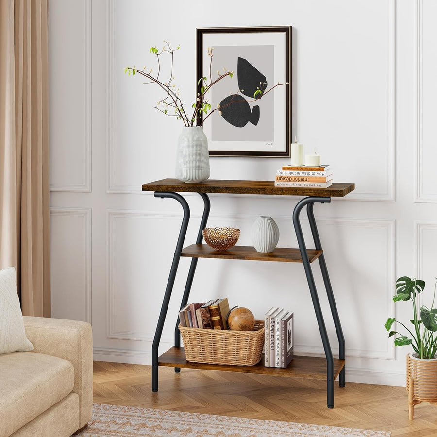 3 Tier Hallway Console Table with Shelves – Slim Rustic Entryway Unit