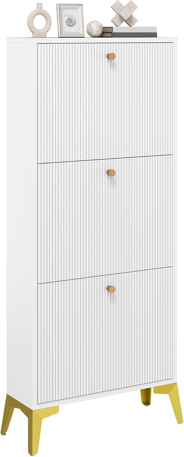 Slim White Shoe Cabinet with 3 Flip Drawers & Anti-Tip, Space-Saving Storage