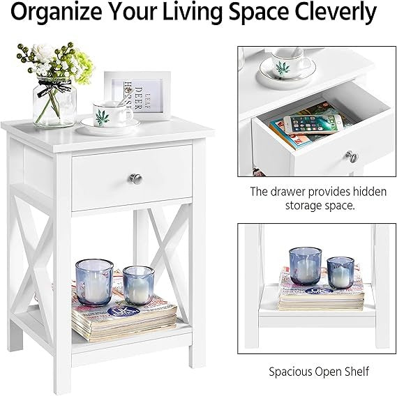 Slim White Bedside Tables Set of 2, Wooden Nightstands with Drawer & Shelf, Tall
