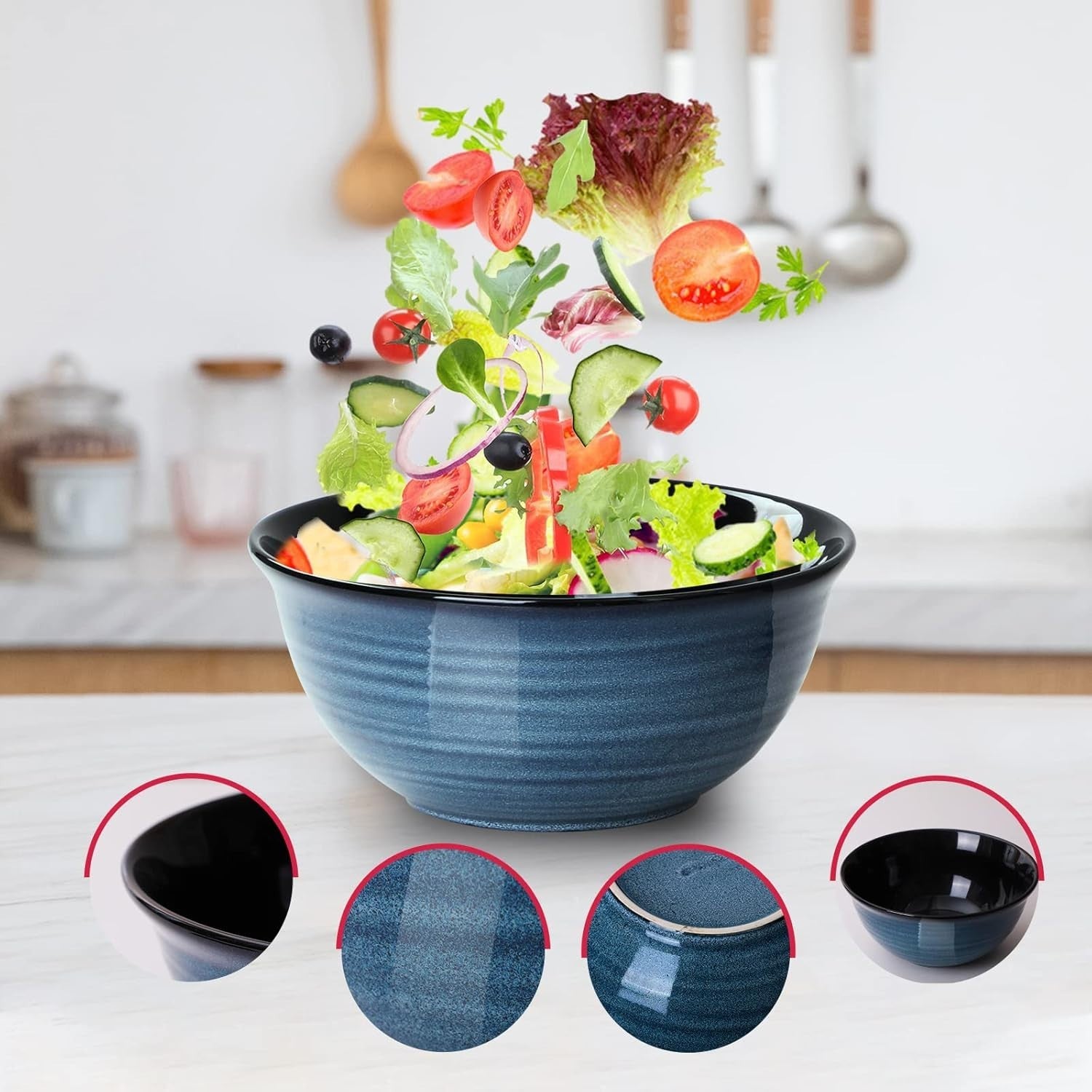 3 Pcs Blue Ceramic Mixing Bowls Microwave Oven Safe Nesting Set