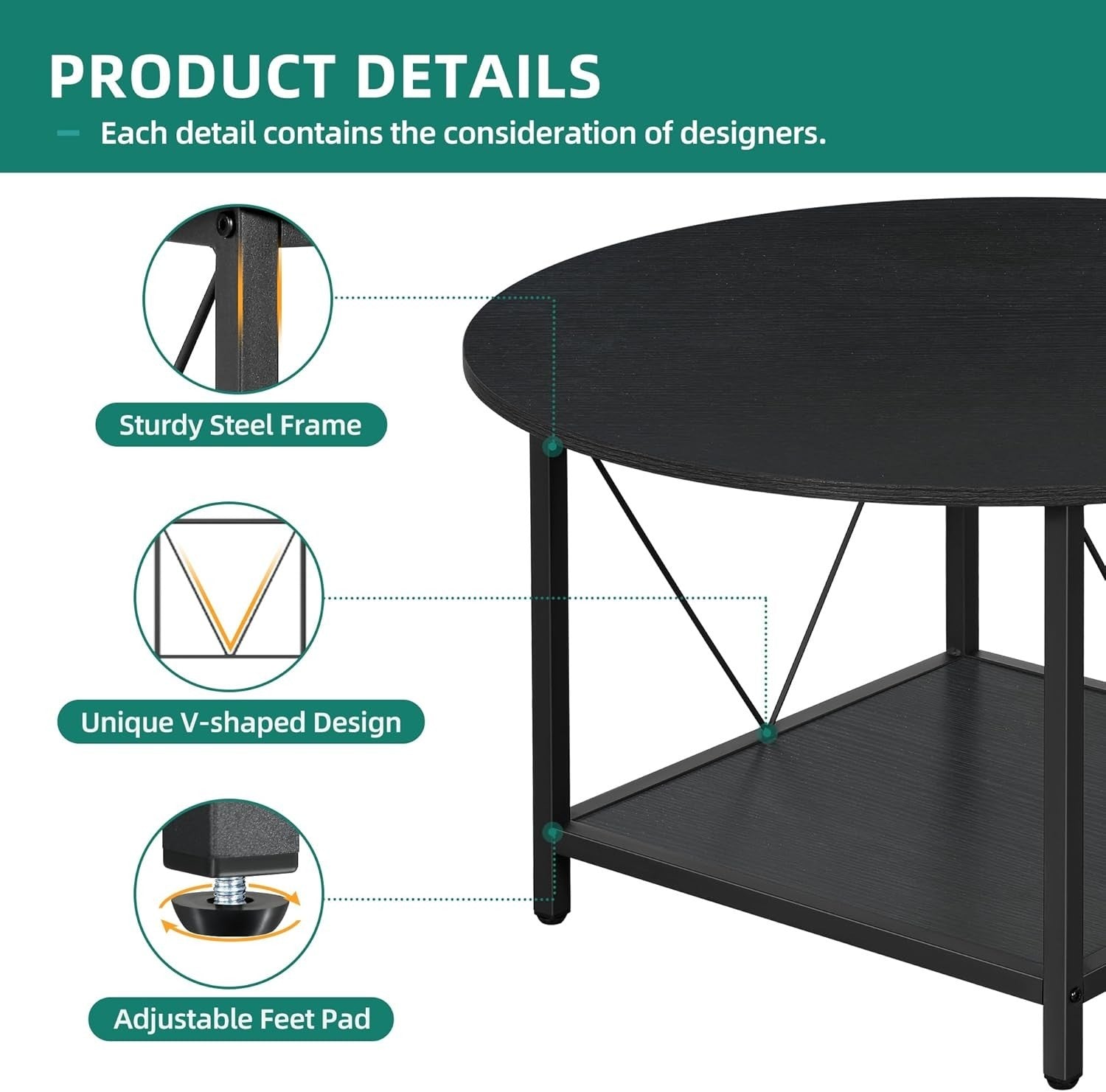 Round Coffee Table with Storage Shelf 80cm Industrial Rustic Metal Legs Black
