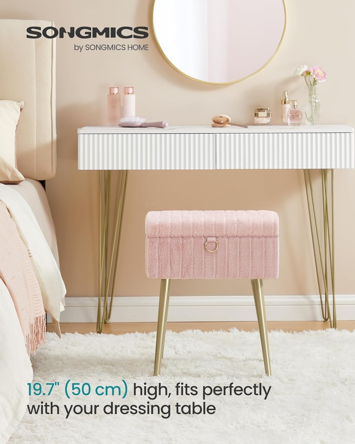 Jelly Pink Vanity Stool with Storage Plush Seat Ottoman Rectangular Chair