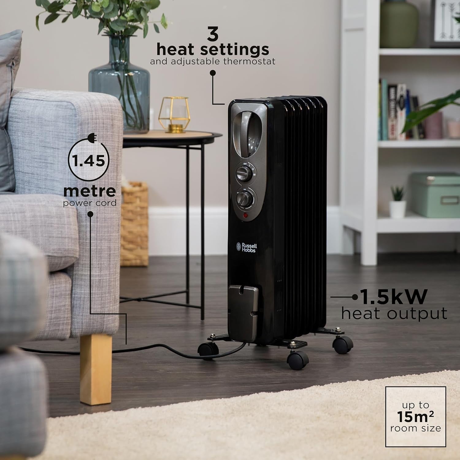 1500W Oil Filled Radiator Heater 7 Fins Portable Adjustable Thermostat