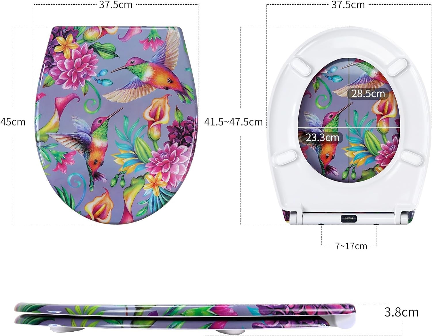 Colorful Toilet Seat Soft Close Duroplast Quick Release Top Fix 45x37cm