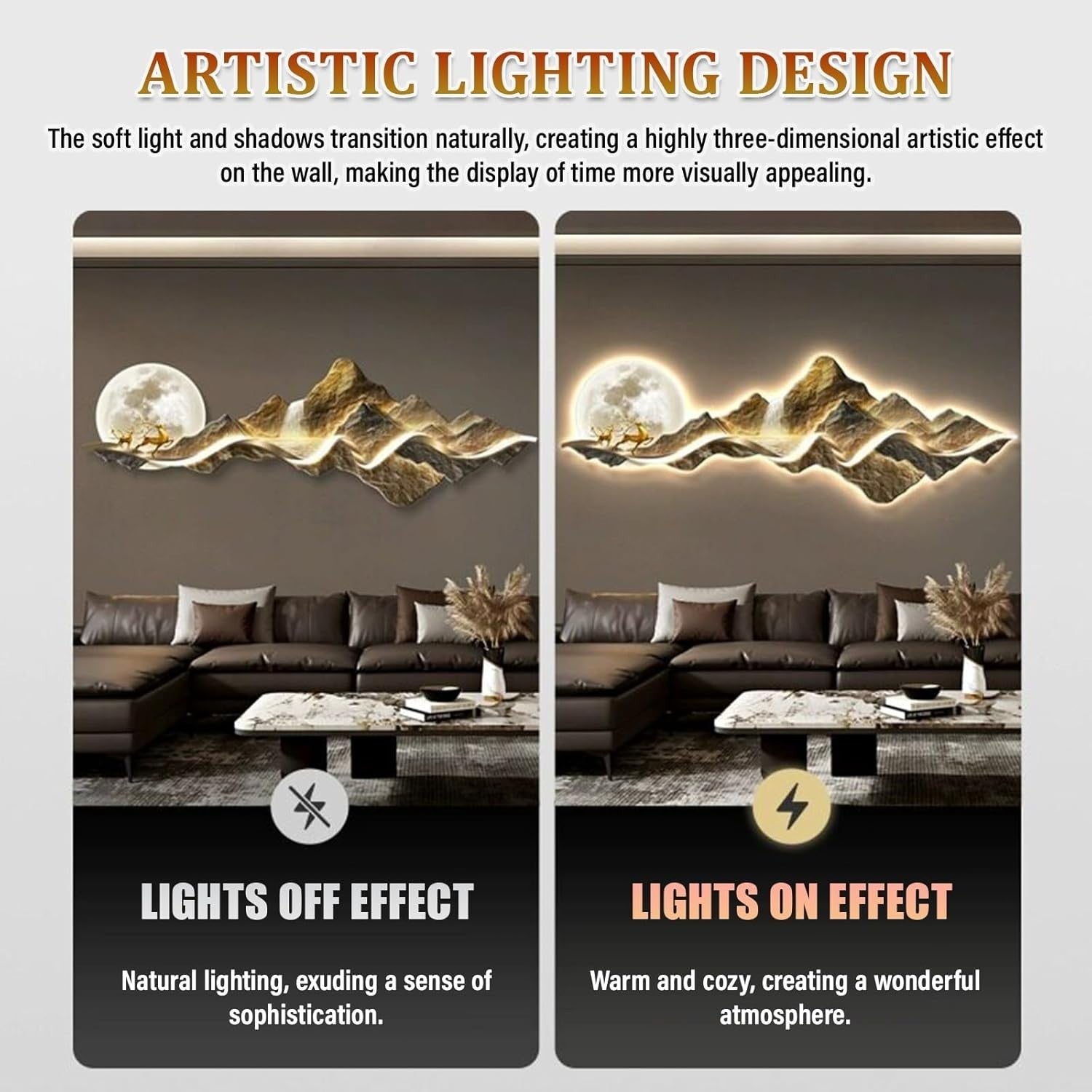 Large 3D LED Wall Clock Modern Silent Art Decor Gold 60x30cm
