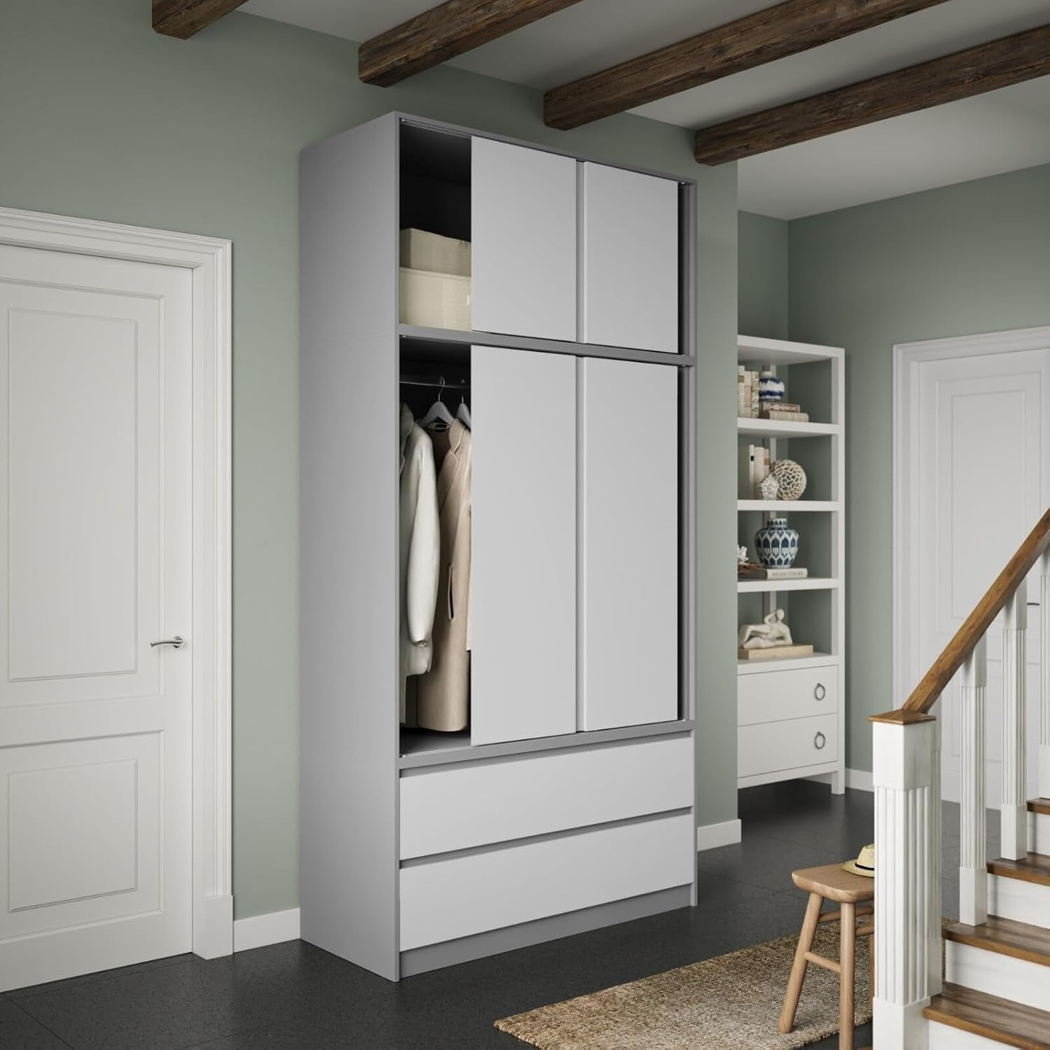 White Sliding Wardrobe 240cm 6 Doors 4 Drawers Modern Bedroom Closet Storage