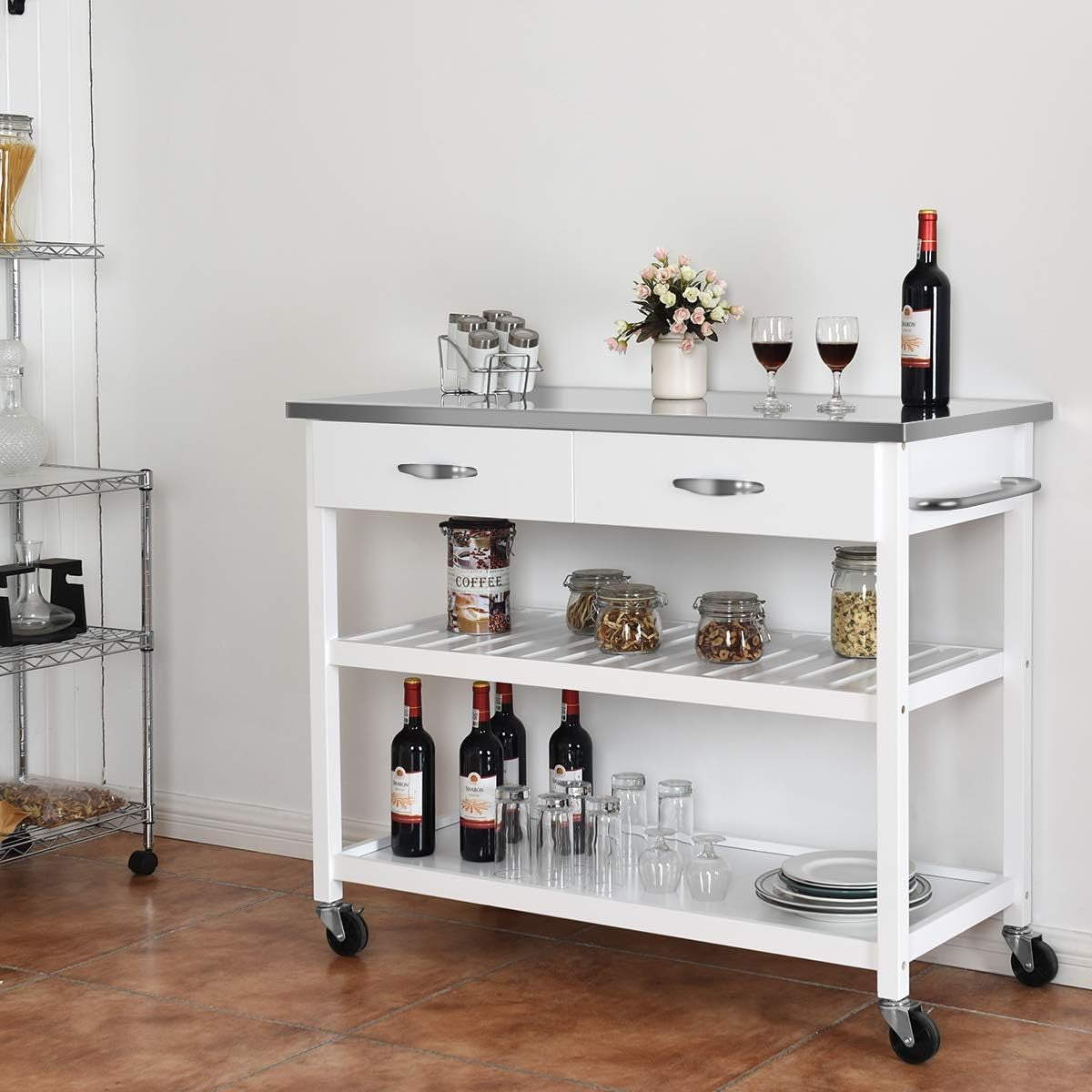 Kitchen Island Trolley Rolling Serving Cart Stainless Steel Top Drawers