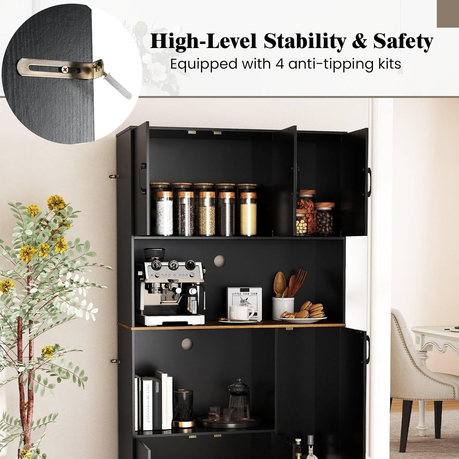 180cm Tall Kitchen Cupboard Black 6 Doors Pantry Cabinet with Power Outlet