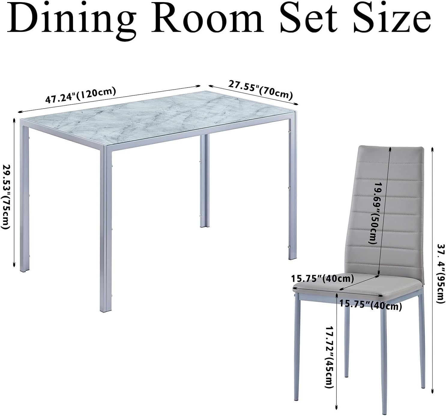 Marble Glass Dining Table Set 4 Chairs Grey Faux Leather Compact 5PC