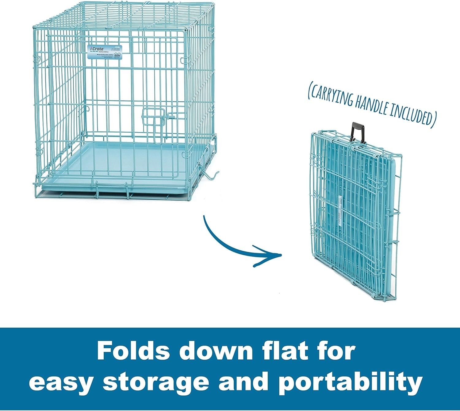 Portable Blue Single Door Dog Crate 62cm with Divider, Leak-Proof Pan & Rollers