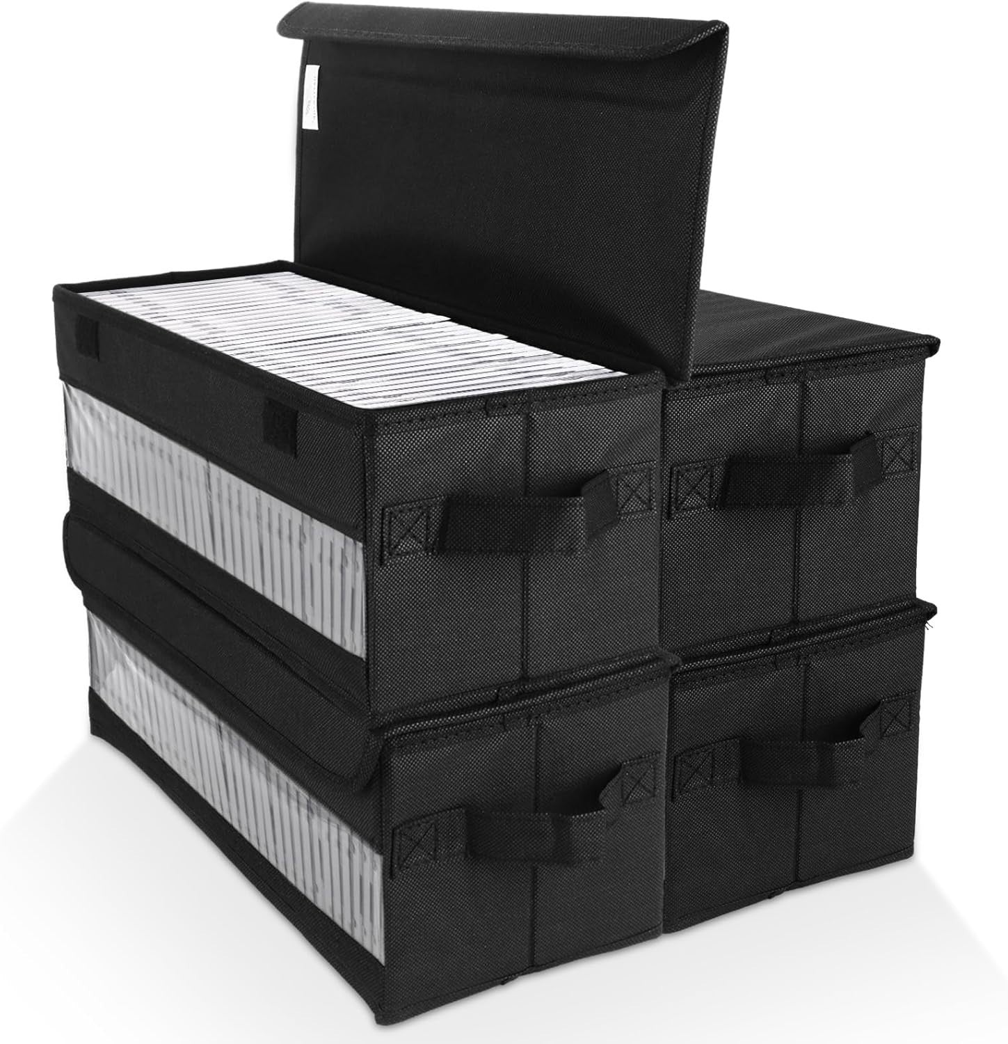 4 Pack CD DVD Storage Boxes Stackable Fabric Organizer Cases with Lids
