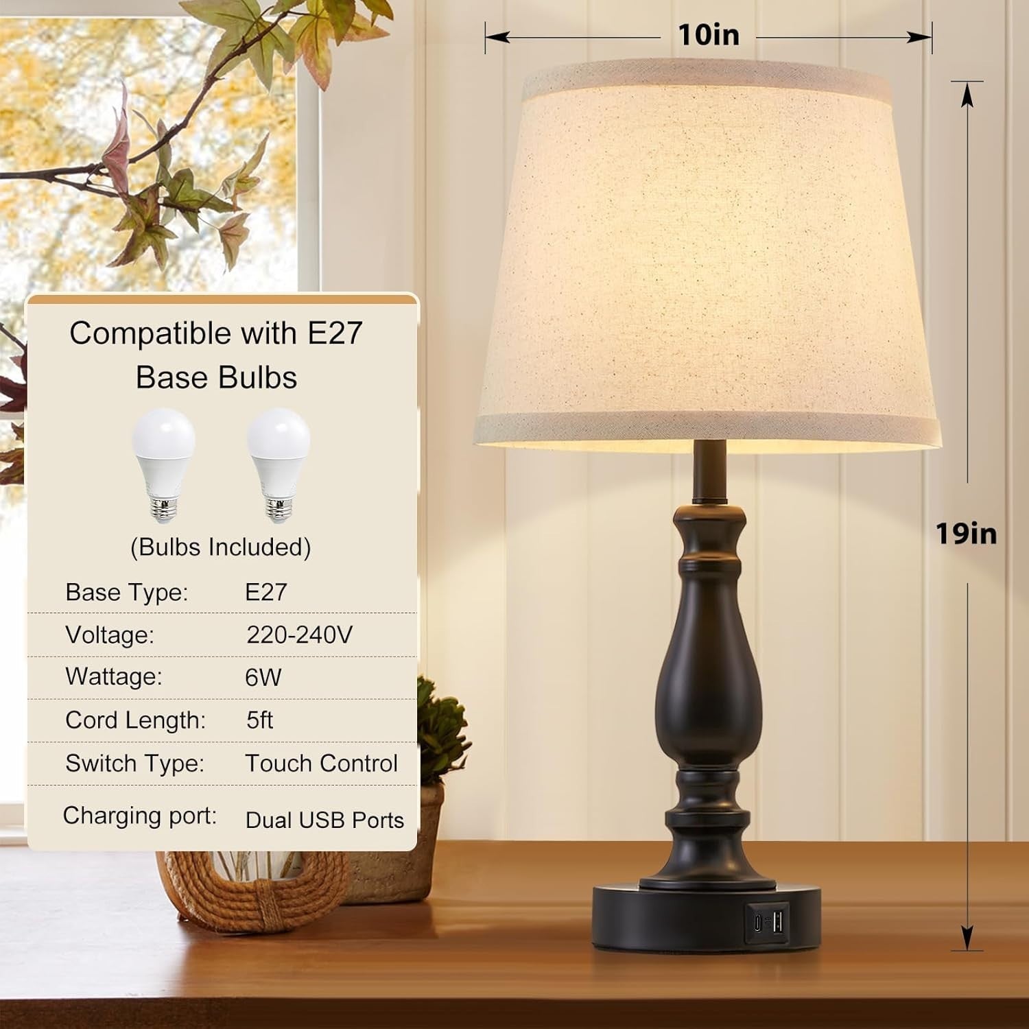 Touch Control Bedside Lamps Set of 2 with USB C+A Ports, Dimmable Nightstand Lig