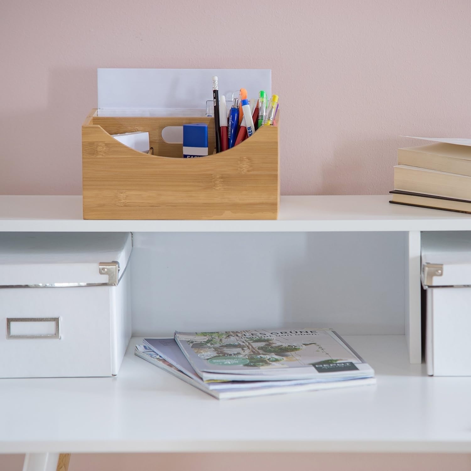 Bamboo Desk Organizer Pen Holder File Sorter | Compact Office Storage
