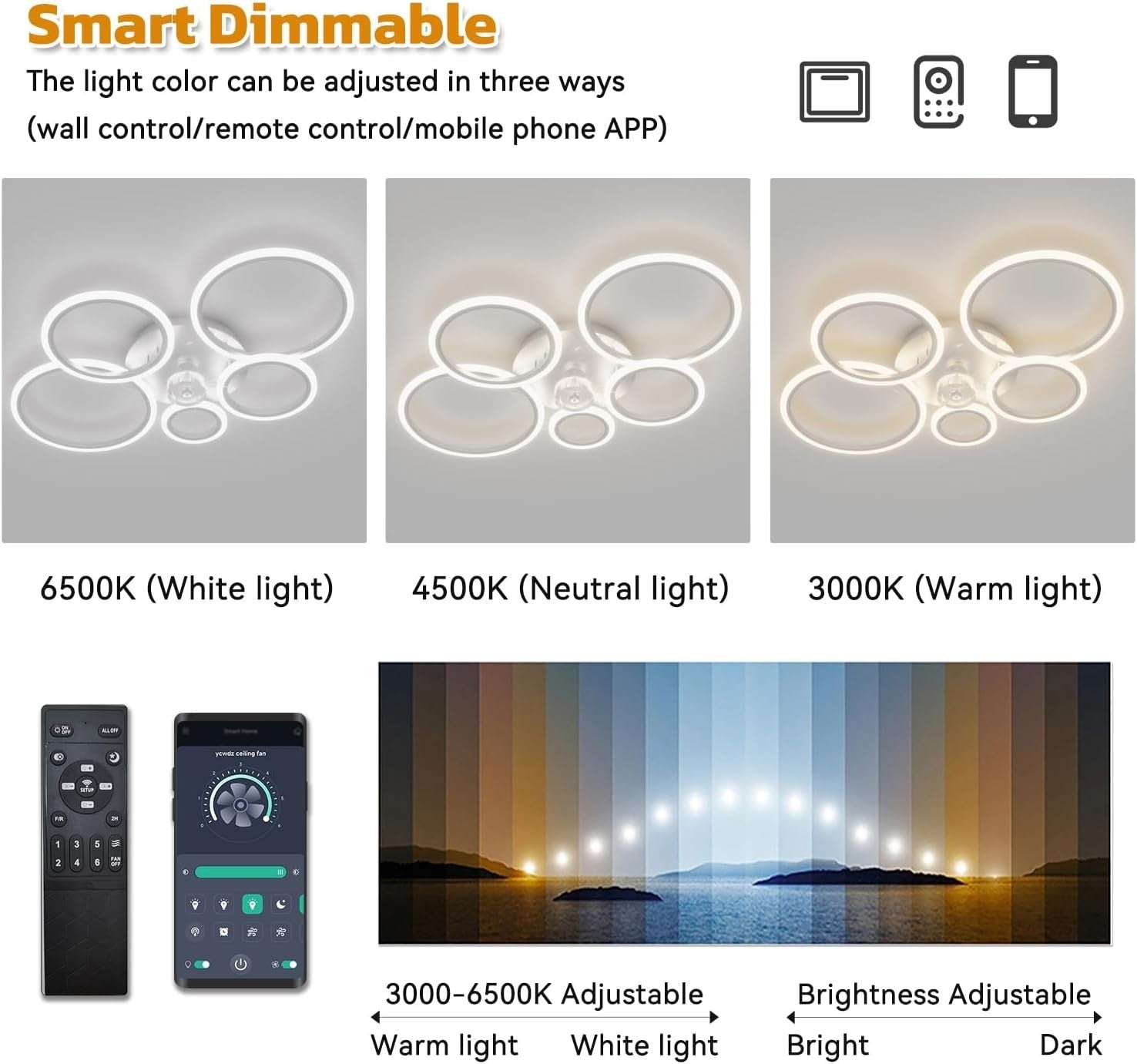 100CM Smart Ceiling Fan Light, 6 Speeds, LED, Remote, White
