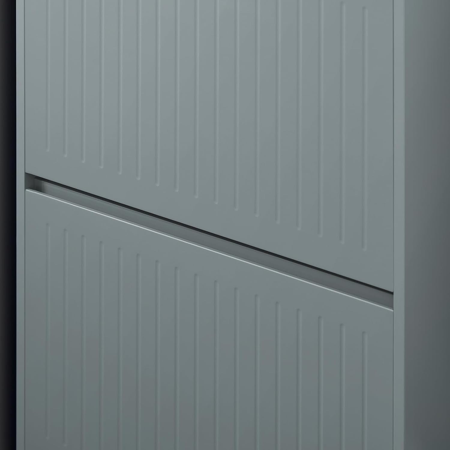 Slim Shoe Storage Cabinet Grey – 2 Flip Drawers Narrow Hallway Cupboard MDF