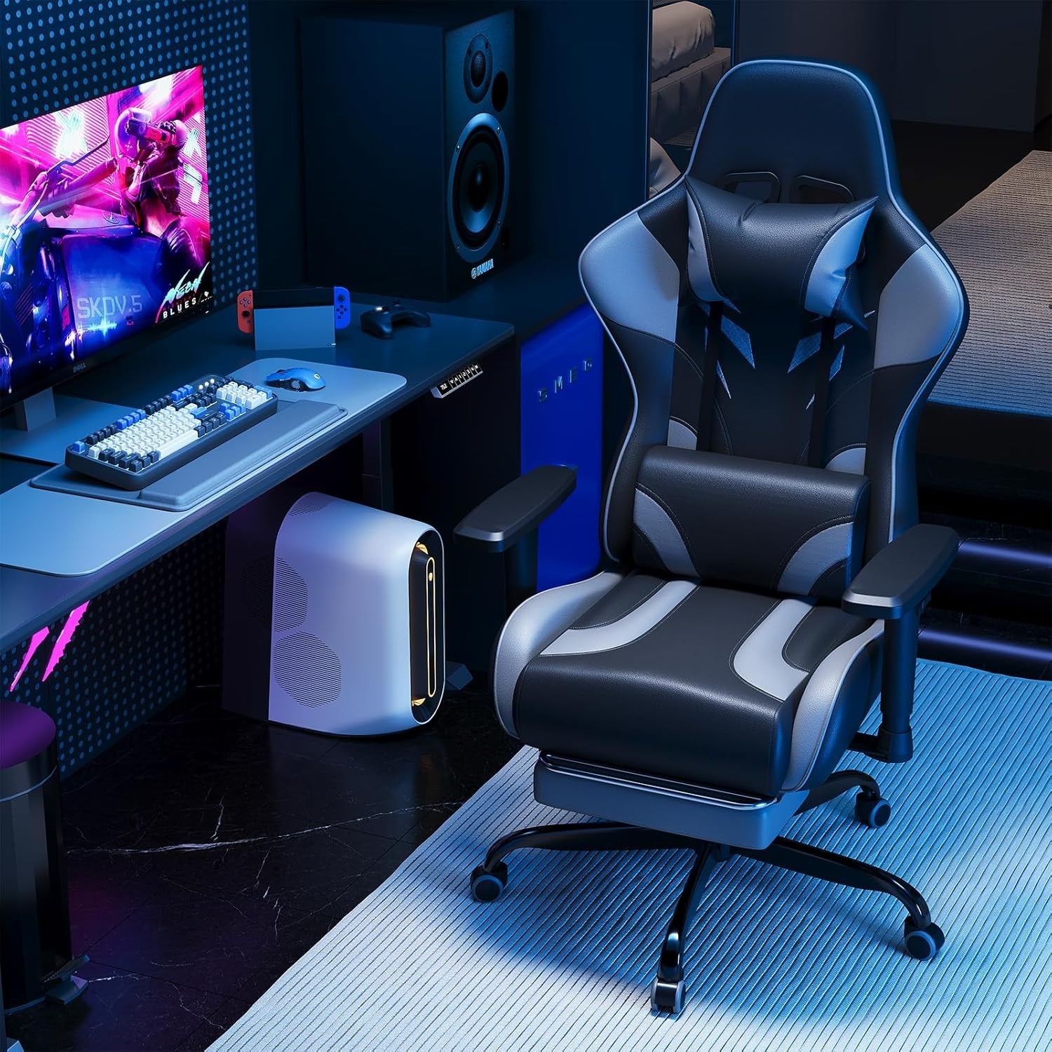 Ergonomic Gaming Chair w/ Footrest 2D Armrests PU Leather Grey