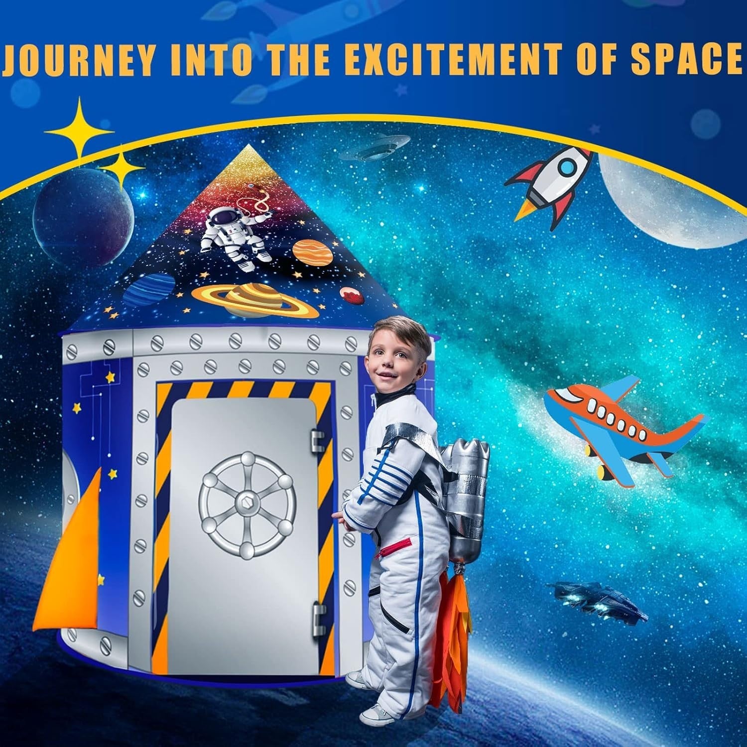 Kids Rocket Ship Play Tent Pop Up Space Playhouse Indoor Outdoor Gift