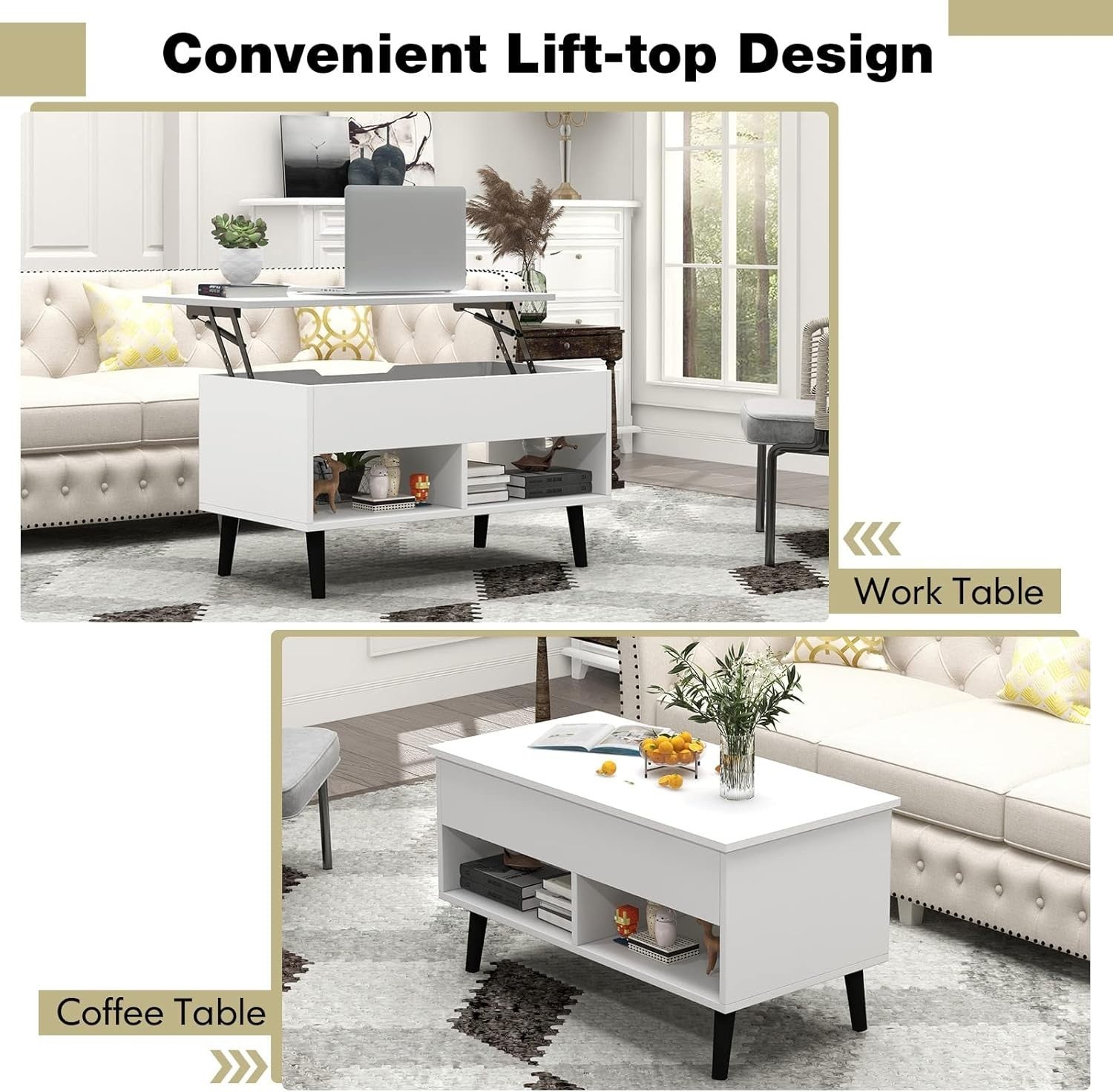 White Lift Top Coffee Table with Storage Shelf – Adjustable, 80cm Modern