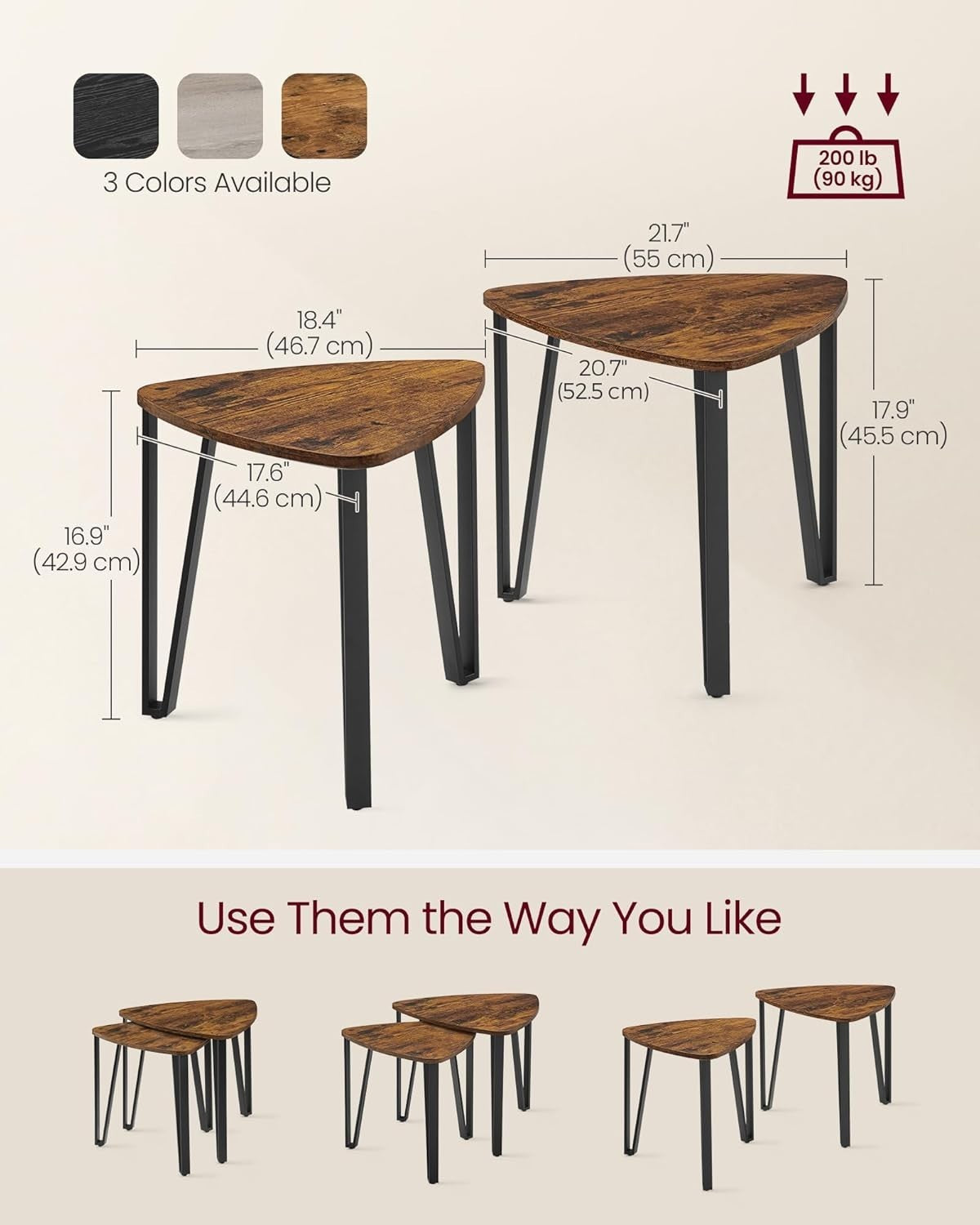 Set of 2 Nesting Triangle Side Tables Rustic Coffee End Table Wood/Steel Frame