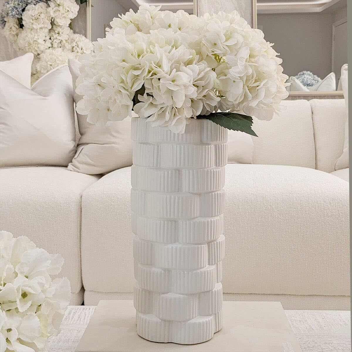 White Ribbed Ceramic Floor Vase 30cm Modern Flower Living Room Decor