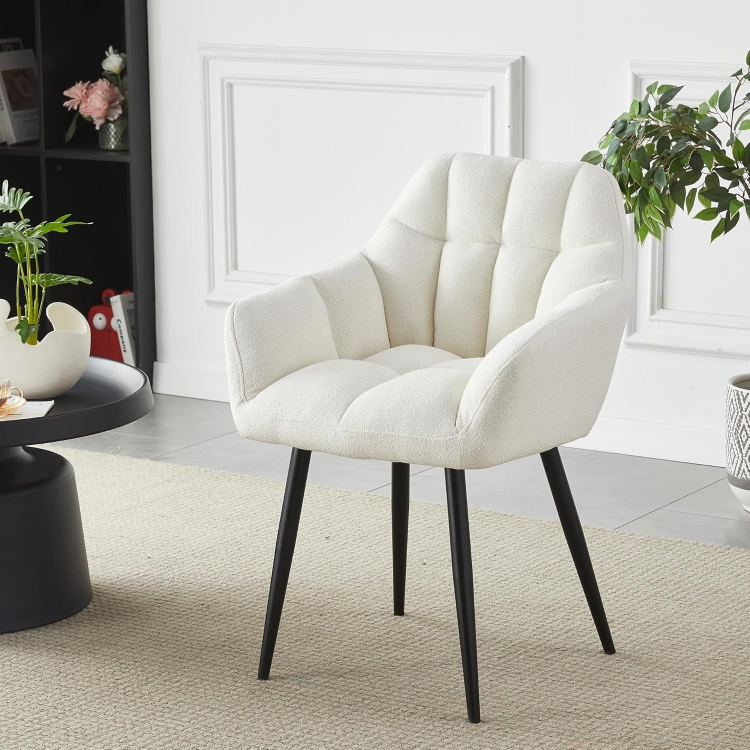 Boucle Accent Tub Chair Cream White Upholstered Dining Armchair