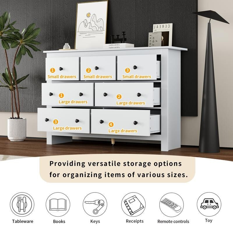 White Chest of Drawers 7 Drawer Storage Cabinet Sideboard for Living Room