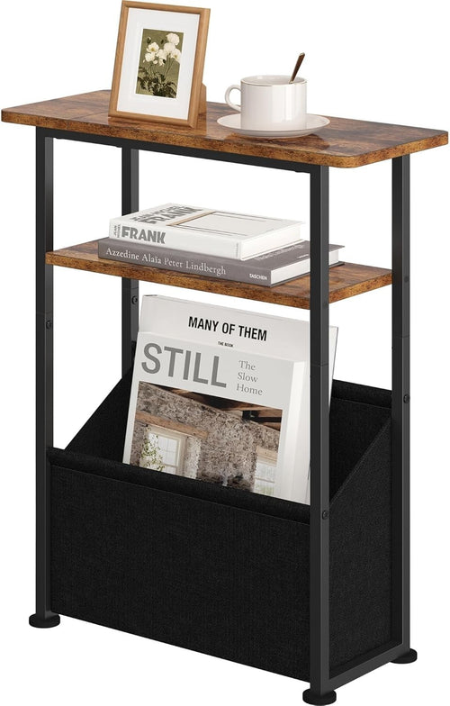 Rustic Narrow Side Table 3-Tier with Storage Basket – Slim Bedside Unit
