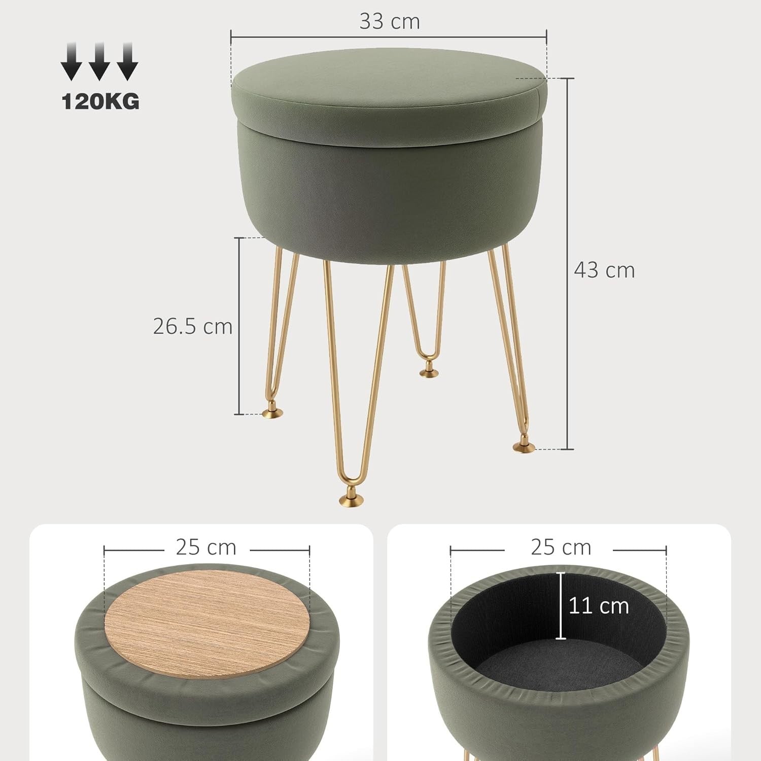 Green Velvet Storage Ottoman Round Footstool Hairpin Leg Stool 33x43cm