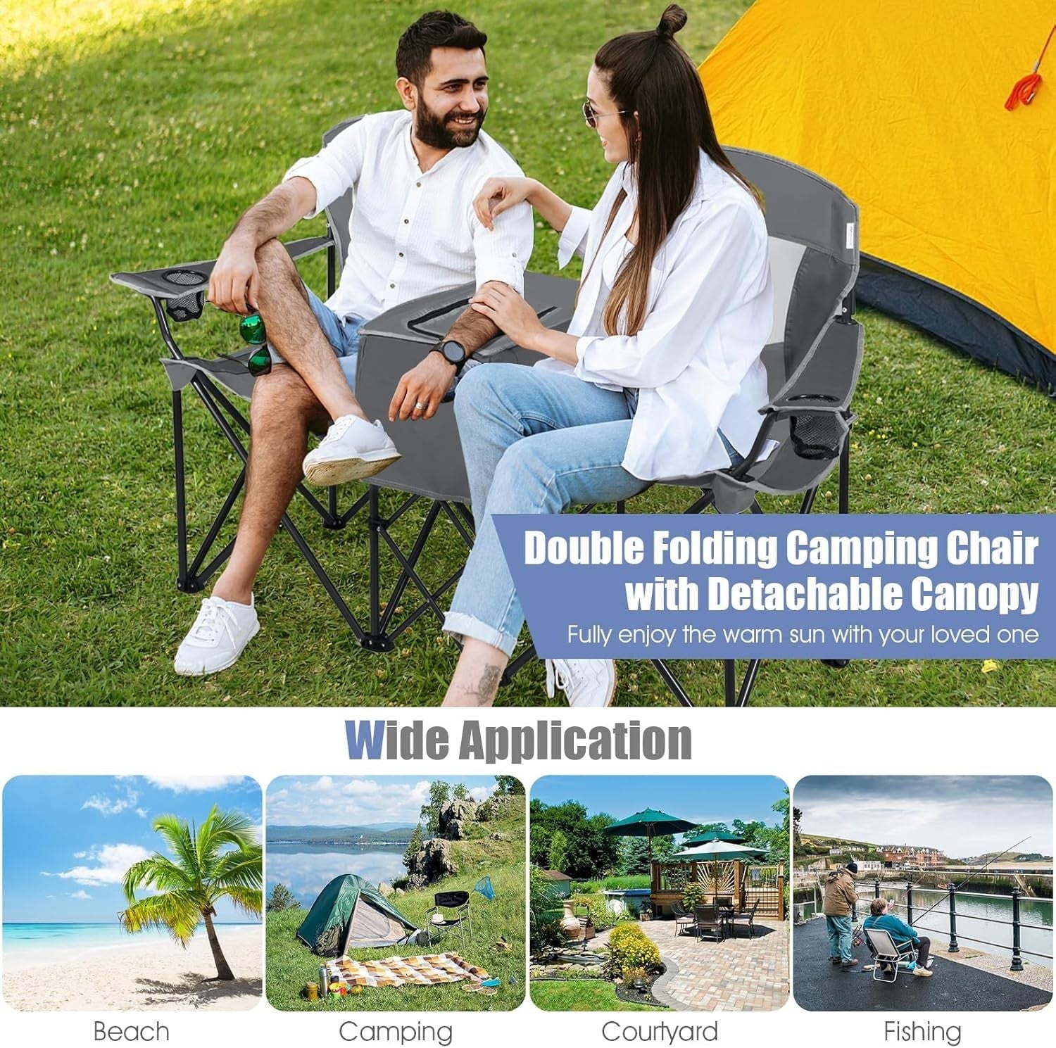 Grey 2 Seat Folding Camping Chair w/ Canopy, Cooler Bag, Cup Holders, Case