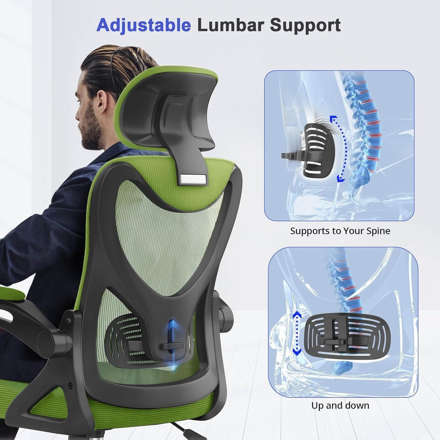 Ergonomic High Back Office Chair Mesh Flip-Up Arms Adjustable Lumbar Green