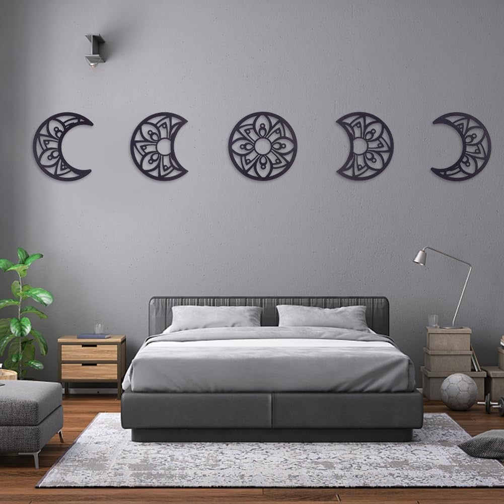 5pcs Moon Phase Wall Decor Boho Wood Flower Hanging Art Black
