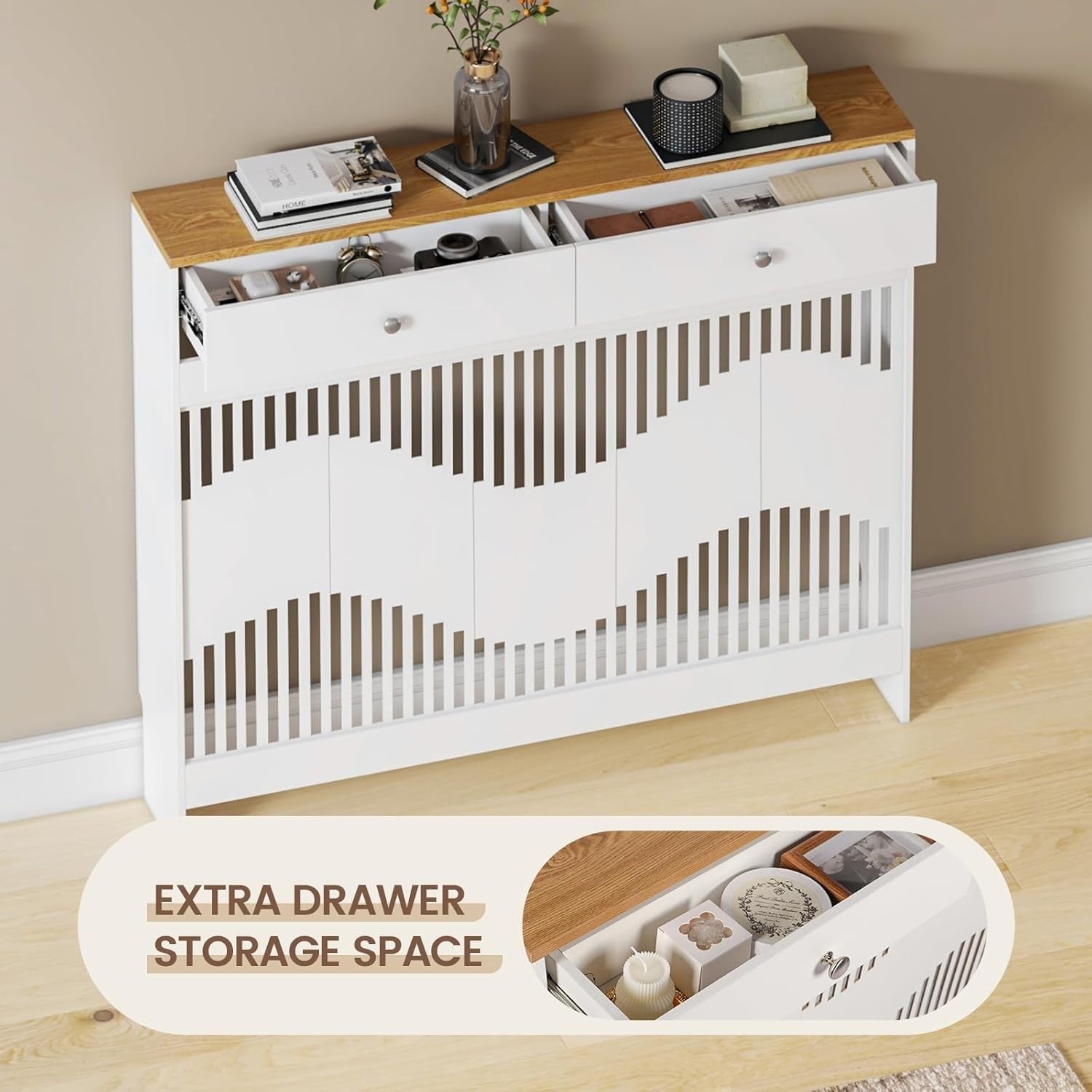 White Radiator Cover Cabinet with Drawers Modern MDF Storage Shelf Unit, Medium