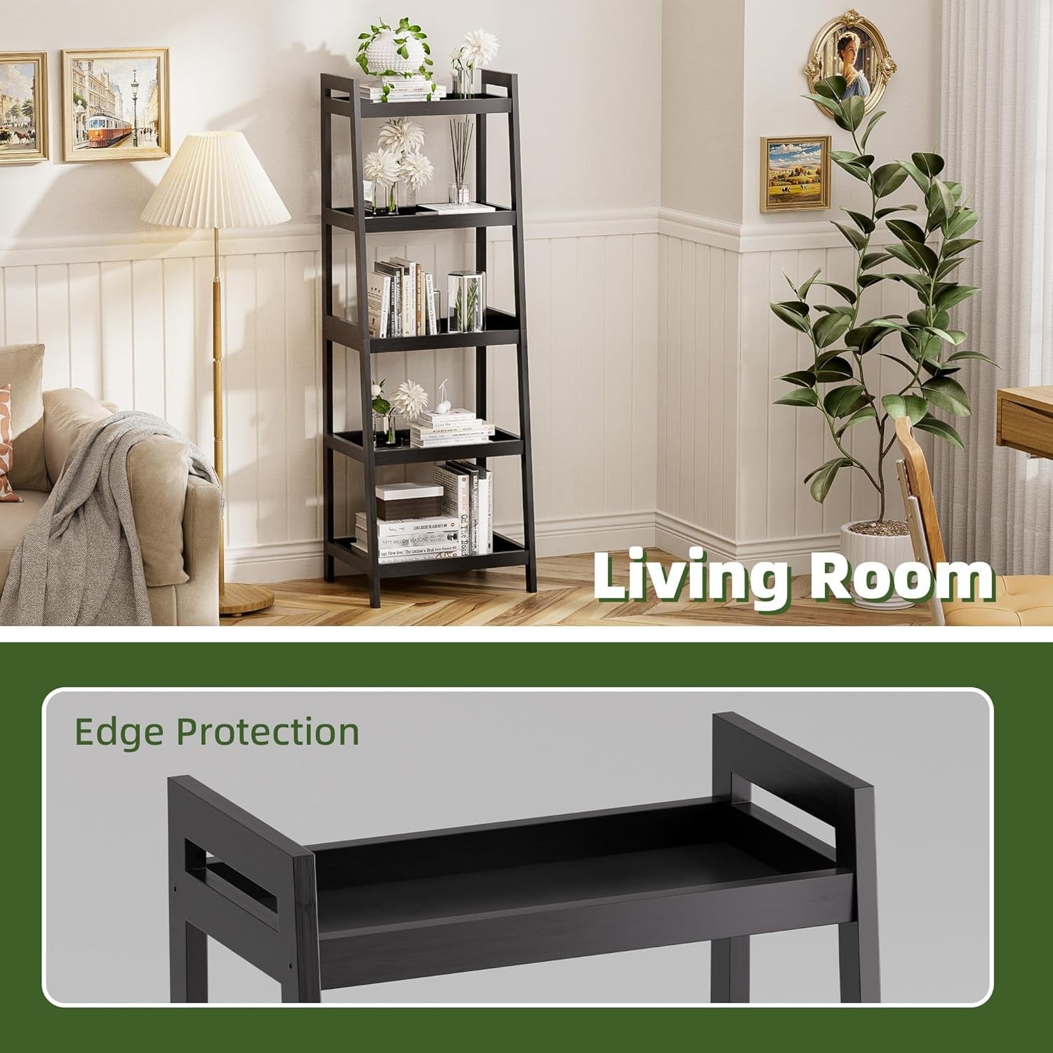 Black 5-Tier Ladder Bookcase, Tall Narrow Bamboo Frame Display Storage Shelf